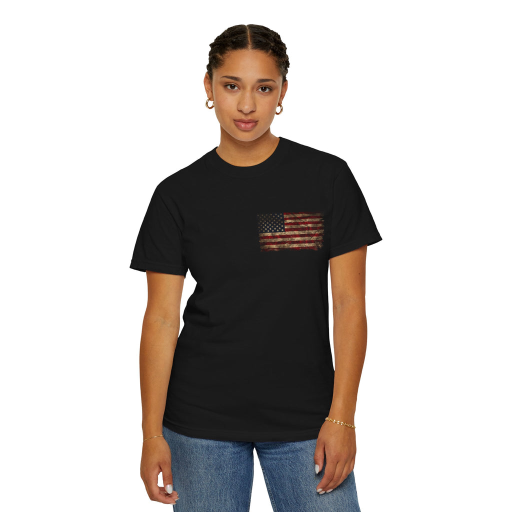Veteran T-Shirt — Distressed Flag Left Chest & "My Oath Never Expired" Back