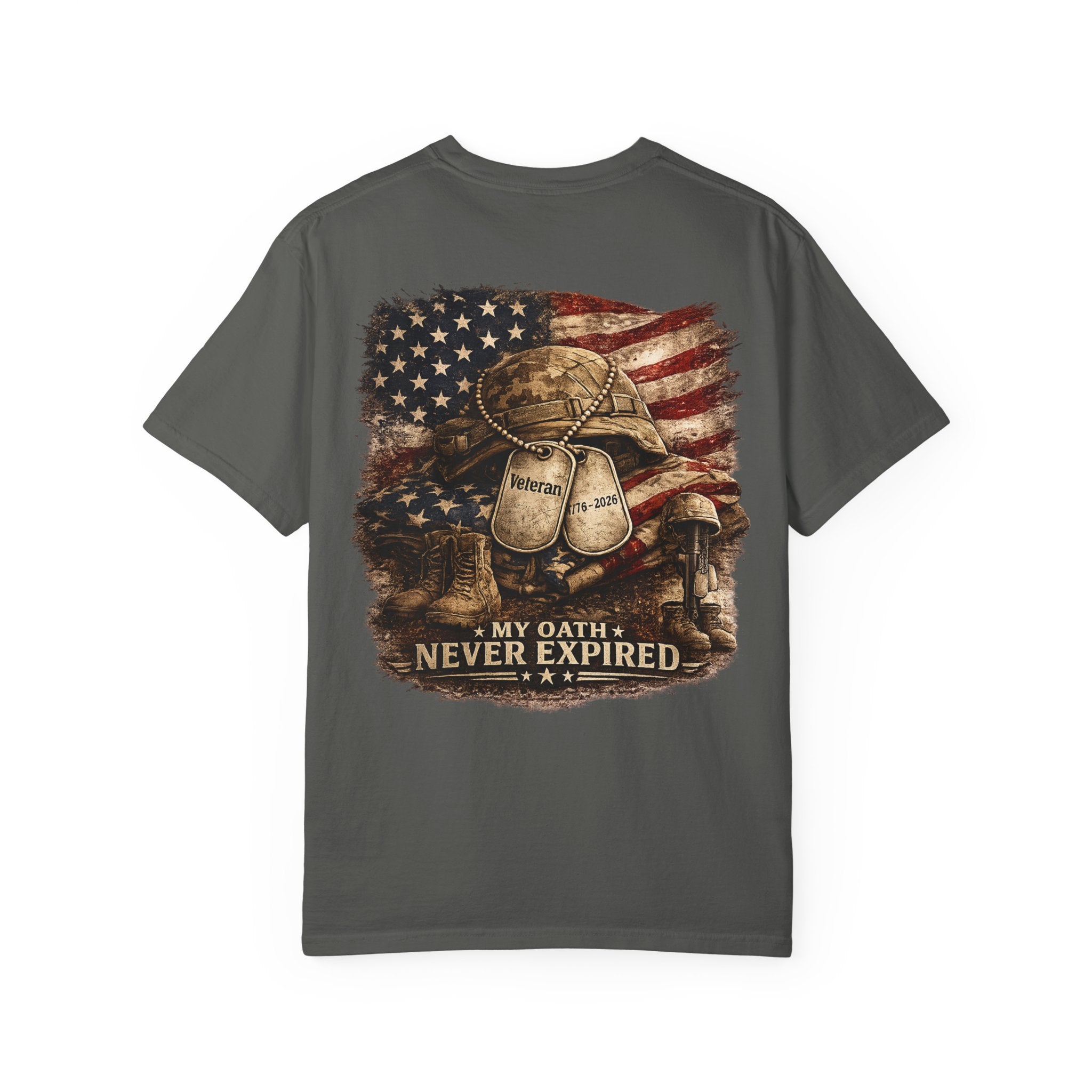 Veteran T-Shirt — Distressed Flag Left Chest & "My Oath Never Expired" Back