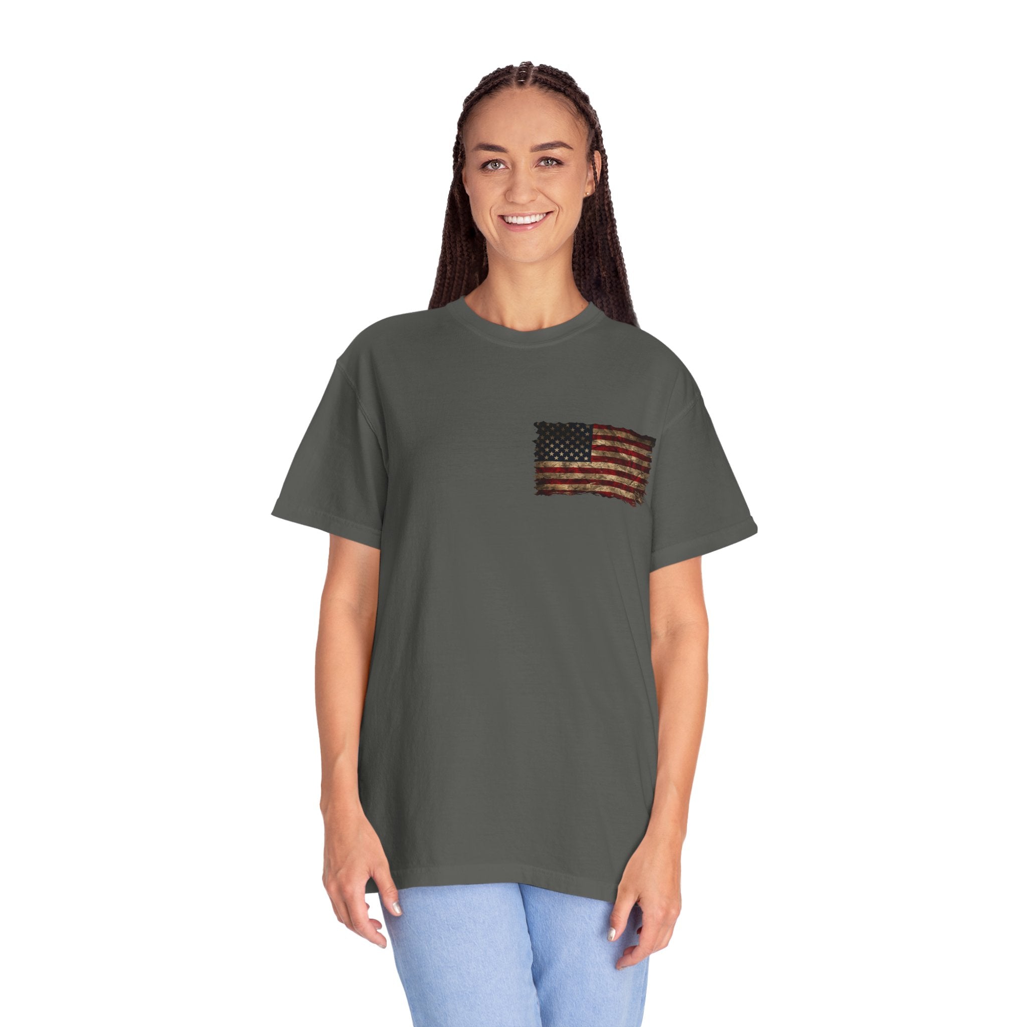 Veteran T-Shirt — Distressed Flag Left Chest & "My Oath Never Expired" Back