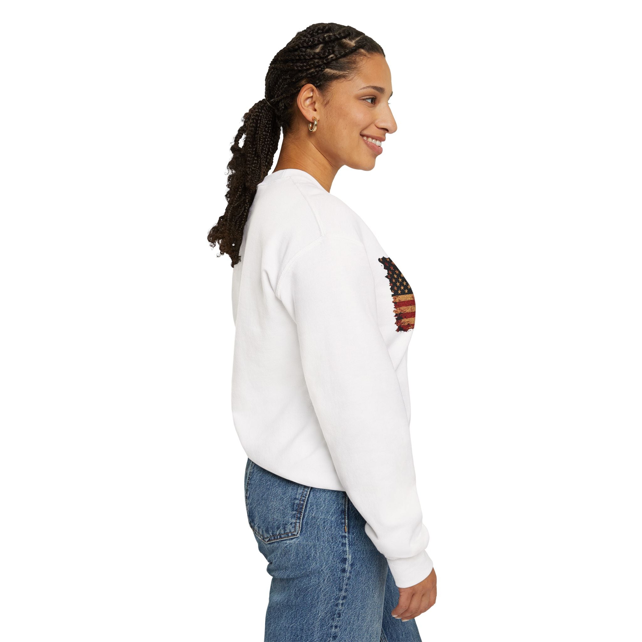 Distressed Flag Crewneck Sweatshirt — Embroidered Vintage American Flag Pullover