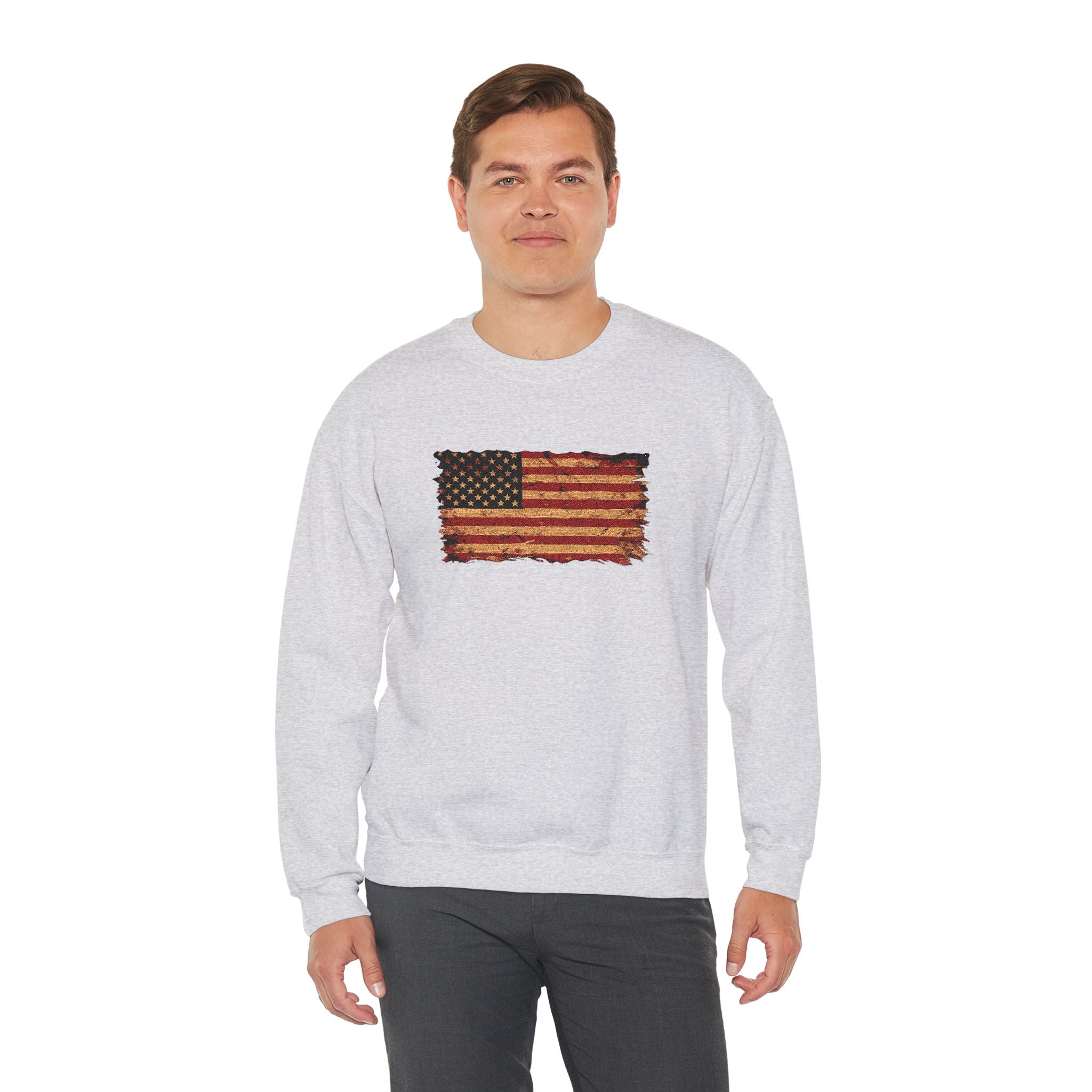 Distressed Flag Crewneck Sweatshirt — Embroidered Vintage American Flag Pullover