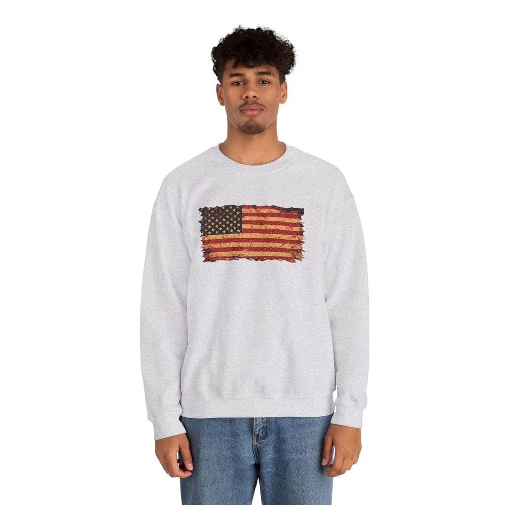 Distressed Flag Crewneck Sweatshirt — Embroidered Vintage American Flag Pullover