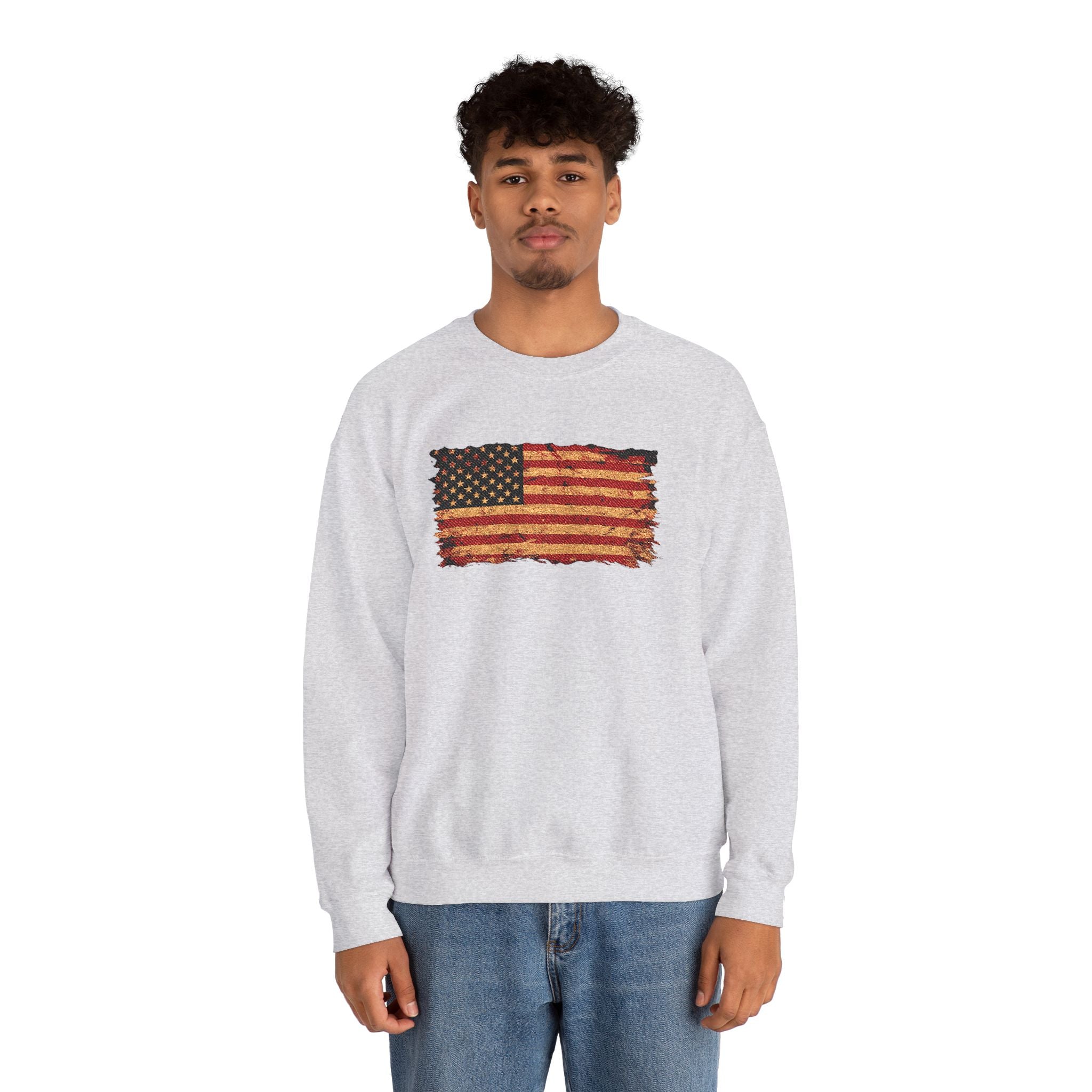 Distressed Flag Crewneck Sweatshirt — Embroidered Vintage American Flag Pullover