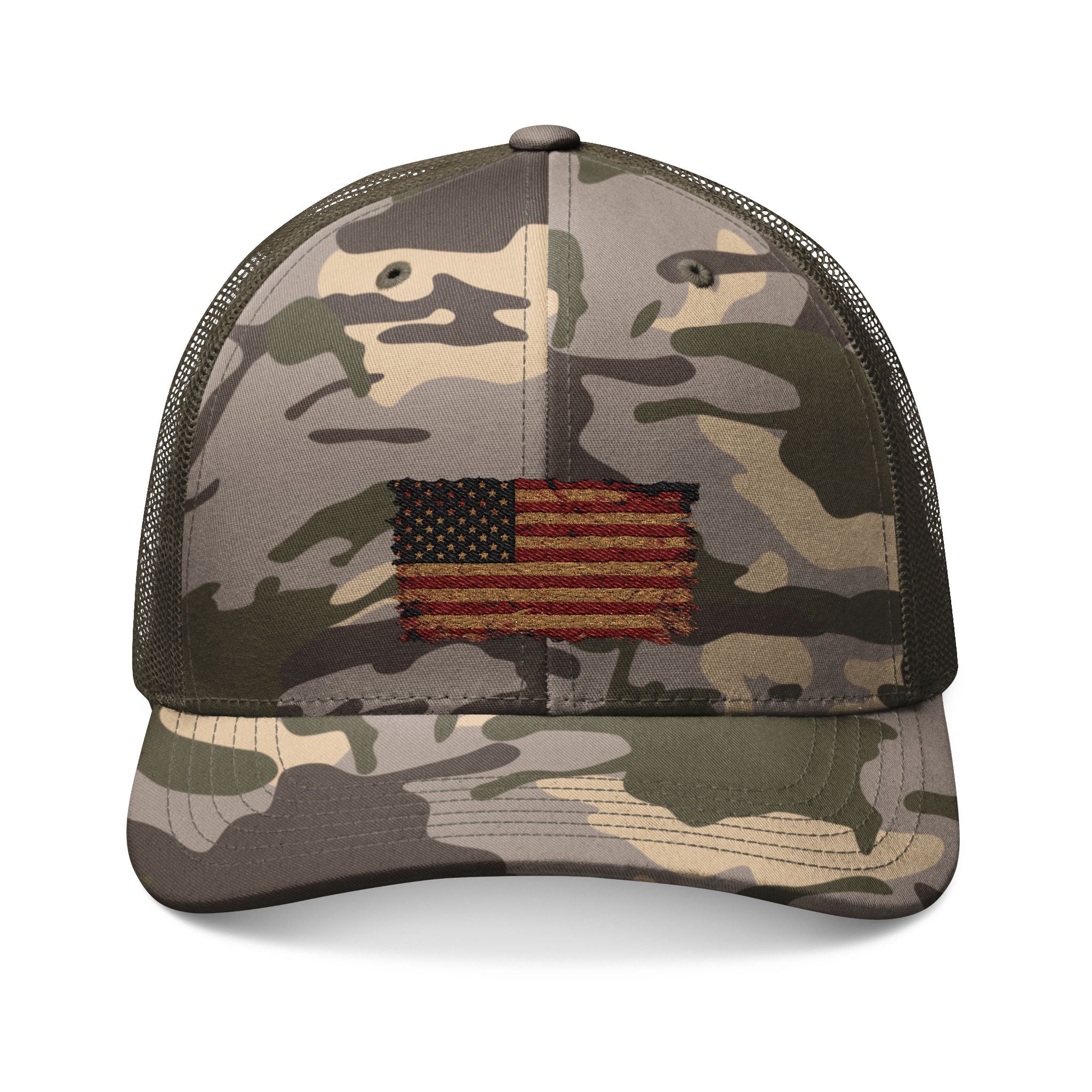 Camouflage Trucker Hat — Embroidered Distressed American Flag
