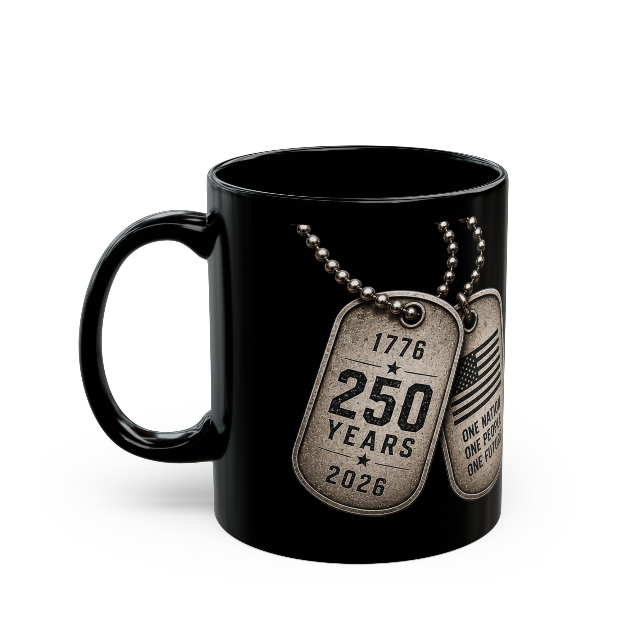 Patriotic Dog Tag Mug — "250 Years of Freedom 1776–2026" Black Coffee Mug