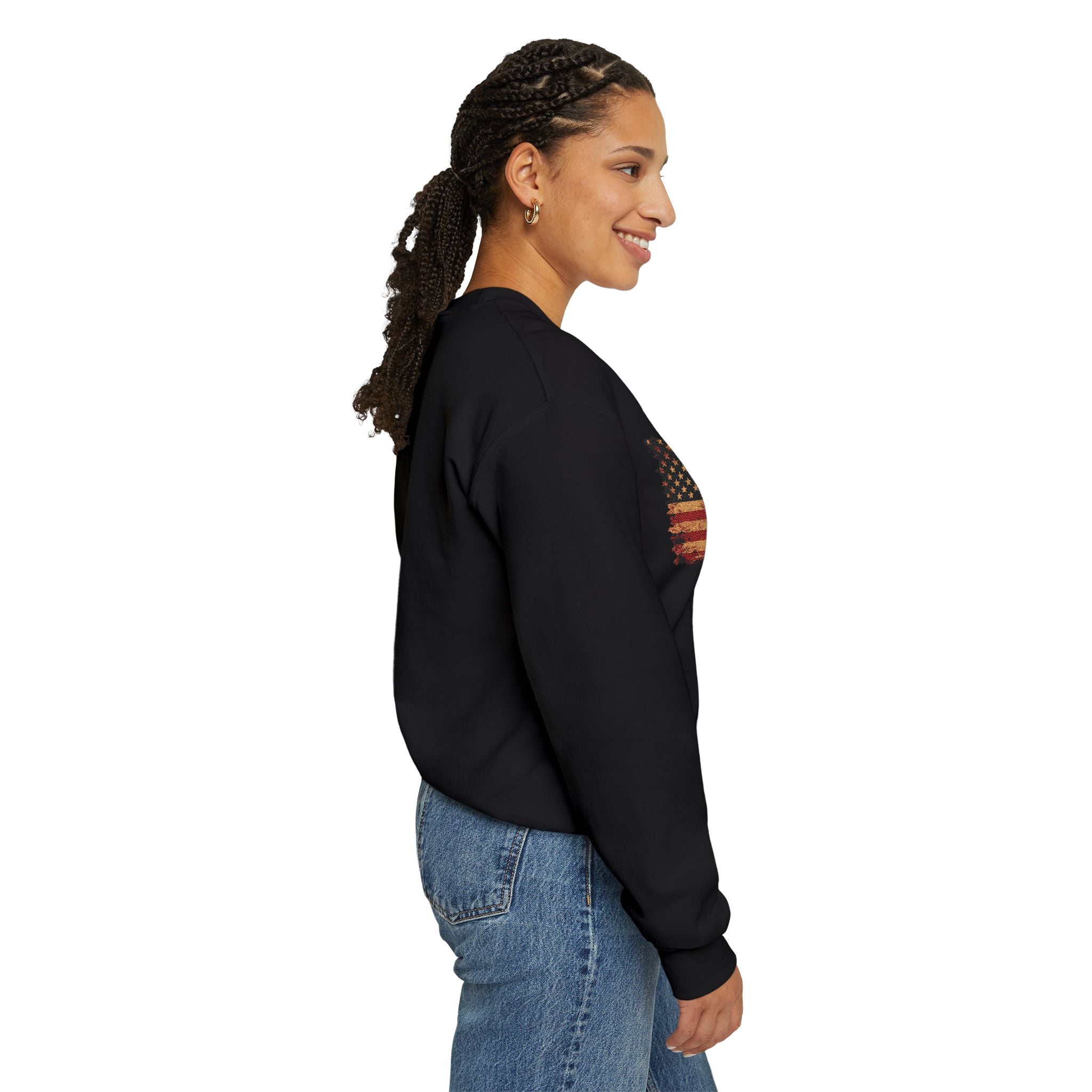 Distressed Flag Crewneck Sweatshirt — Embroidered Vintage American Flag Pullover