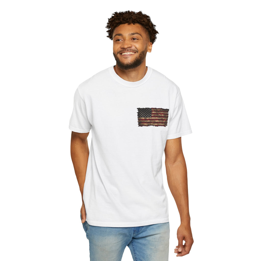 Veteran T-Shirt — Distressed Flag Left Chest & "My Oath Never Expired" Back