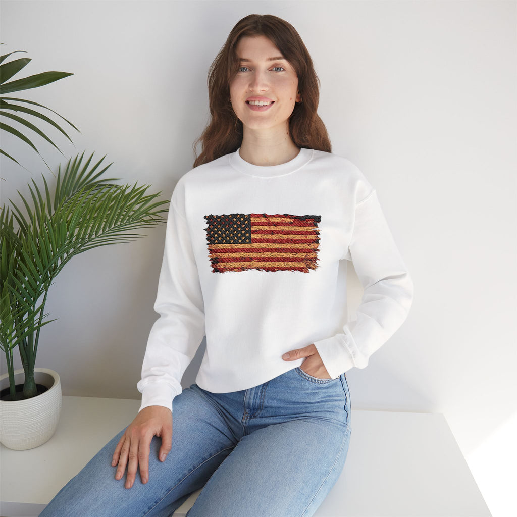Distressed Flag Crewneck Sweatshirt — Embroidered Vintage American Flag Pullover