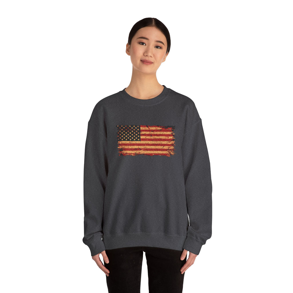 Distressed Flag Crewneck Sweatshirt — Embroidered Vintage American Flag Pullover