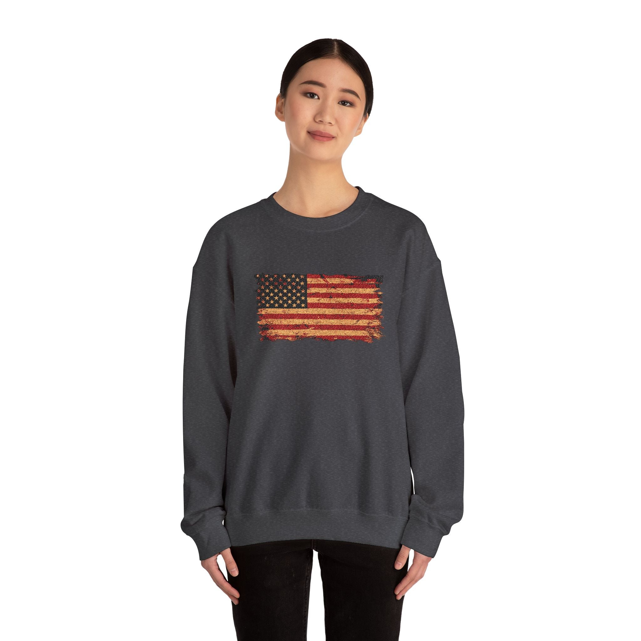 Distressed Flag Crewneck Sweatshirt — Embroidered Vintage American Flag Pullover