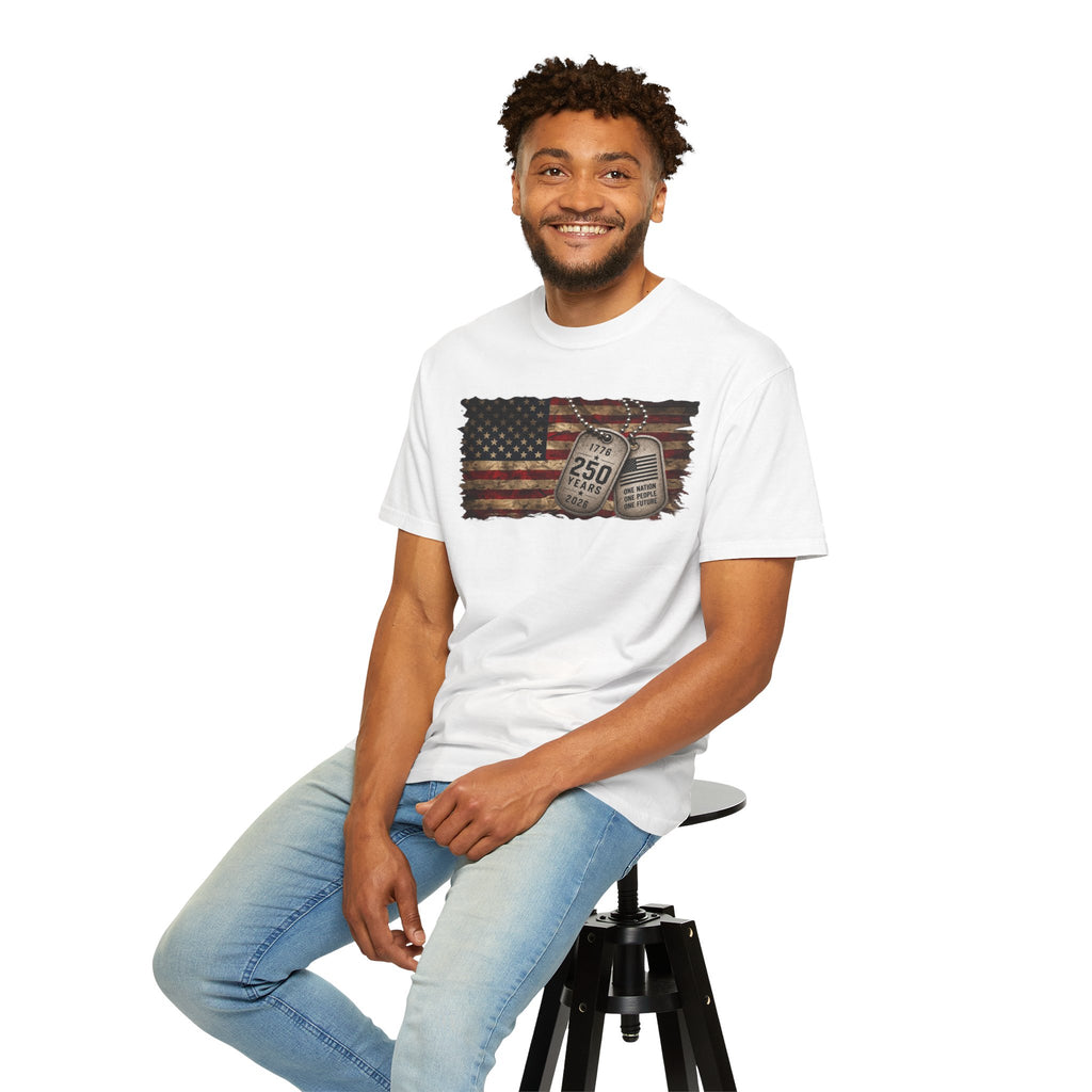 250 Years of Freedom Distressed Flag T-Shirt — One Nation, One People, One Future