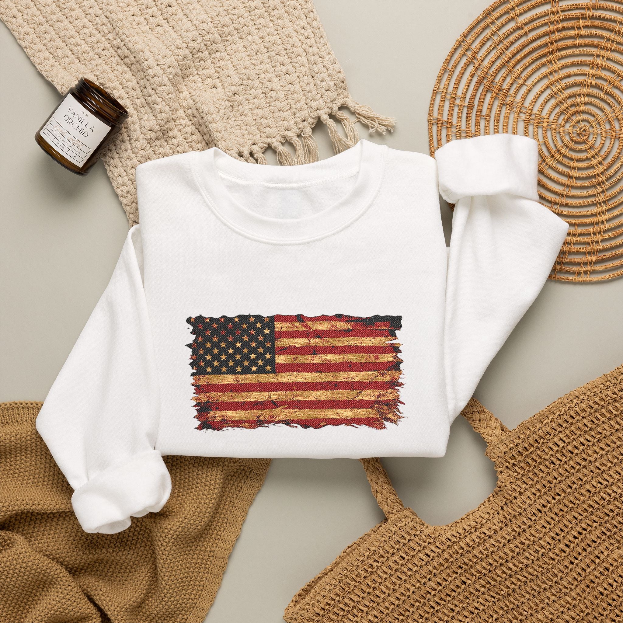 Distressed Flag Crewneck Sweatshirt — Embroidered Vintage American Flag Pullover