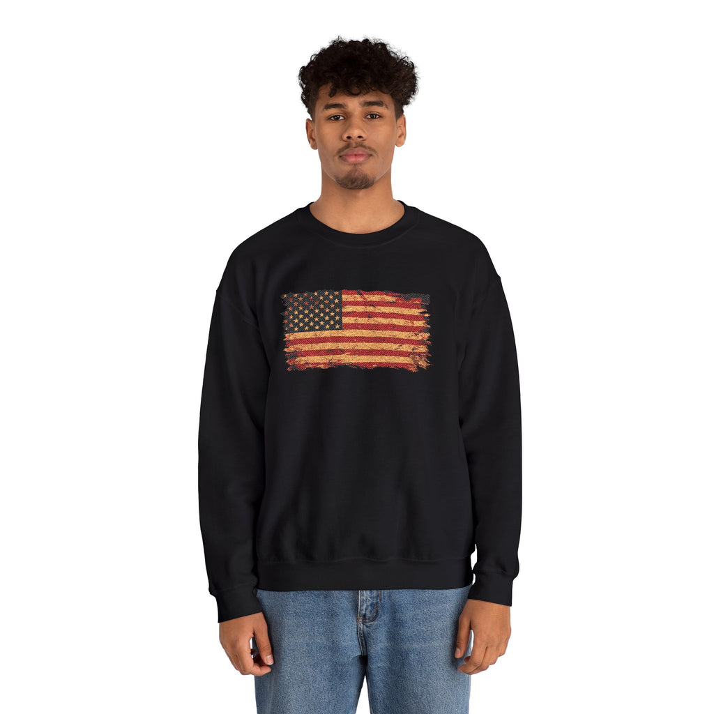 Distressed Flag Crewneck Sweatshirt — Embroidered Vintage American Flag Pullover