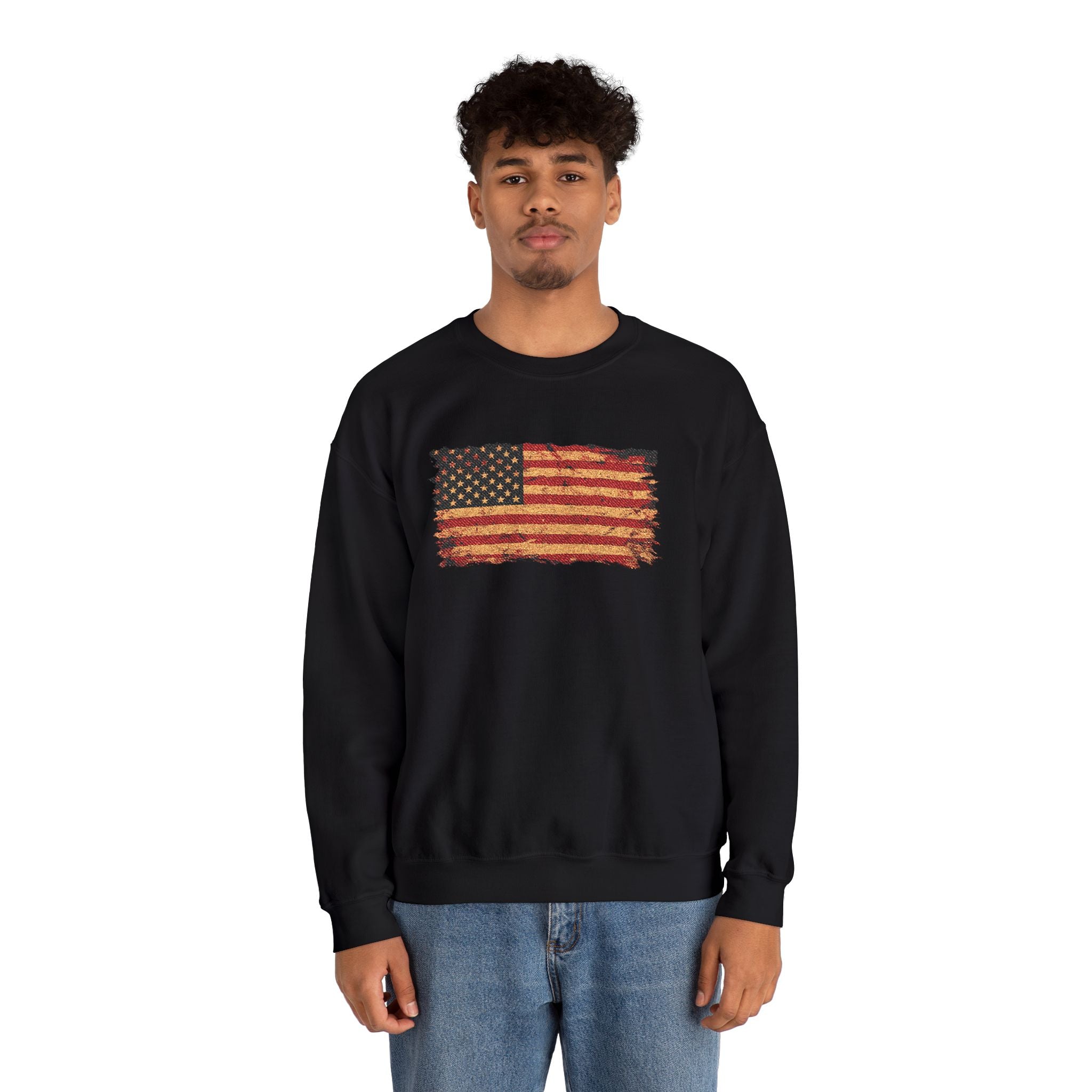 Distressed Flag Crewneck Sweatshirt — Embroidered Vintage American Flag Pullover