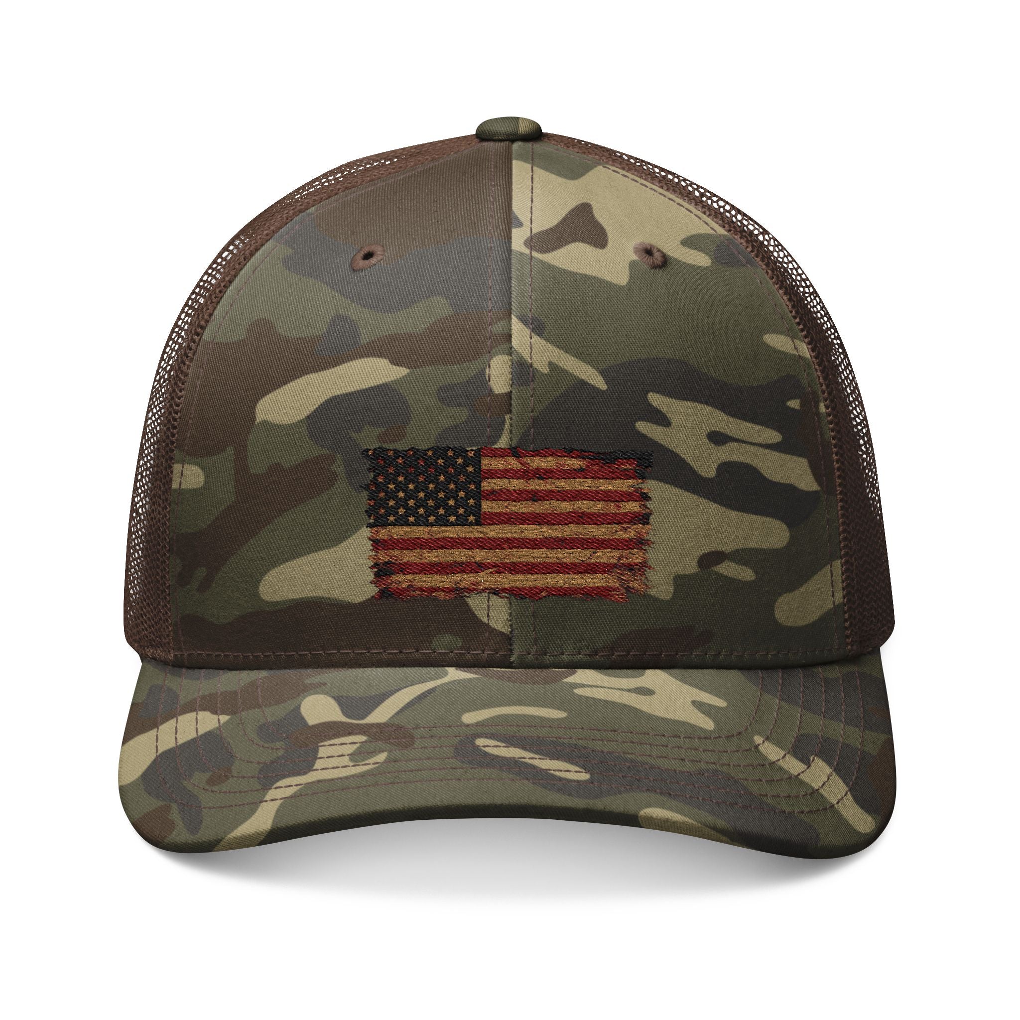 Camouflage Trucker Hat — Embroidered Distressed American Flag