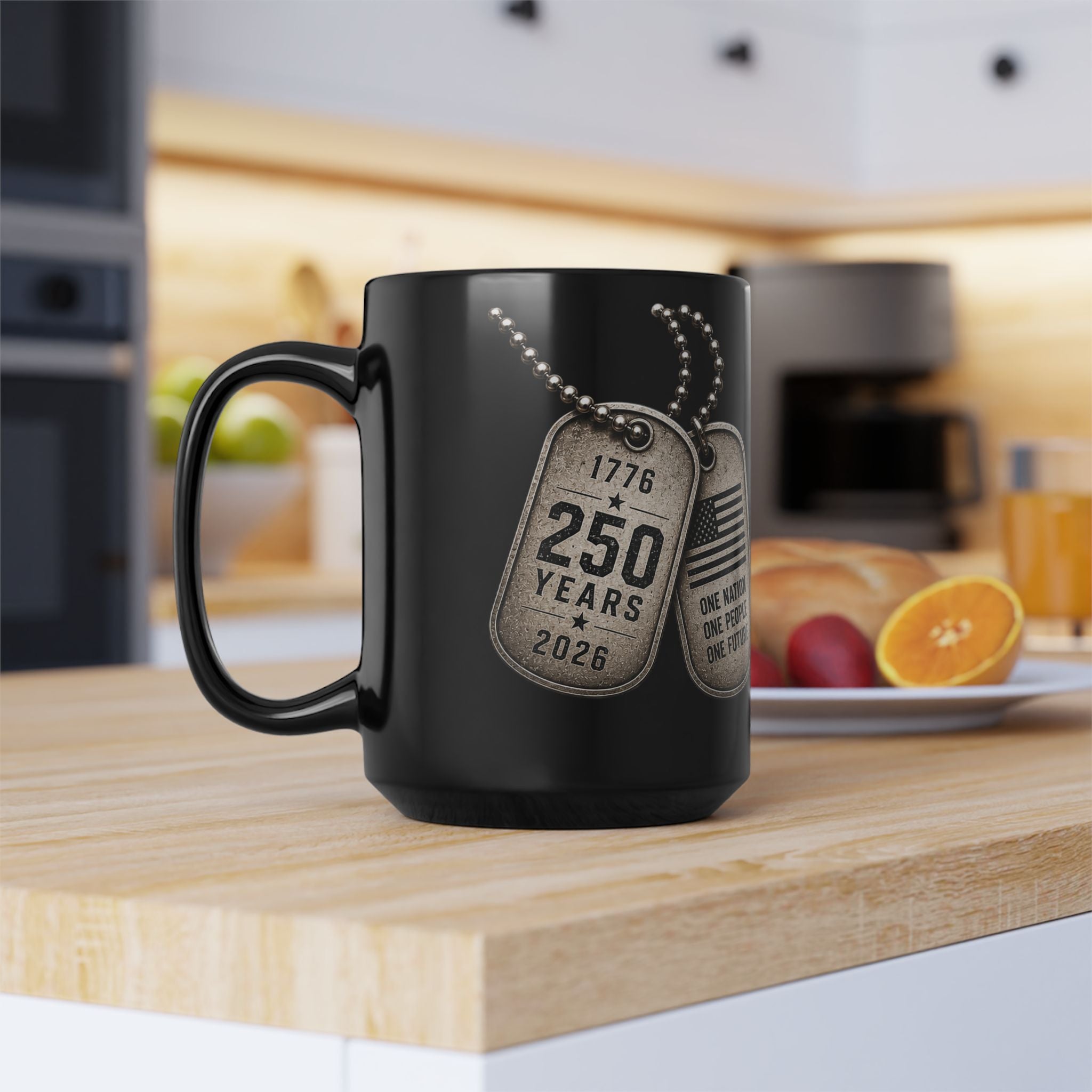 Patriotic Dog Tag Mug — "250 Years of Freedom 1776–2026" Black Coffee Mug