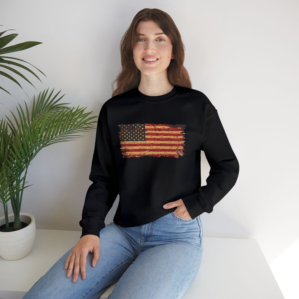 Distressed Flag Crewneck Sweatshirt — Embroidered Vintage American Flag Pullover