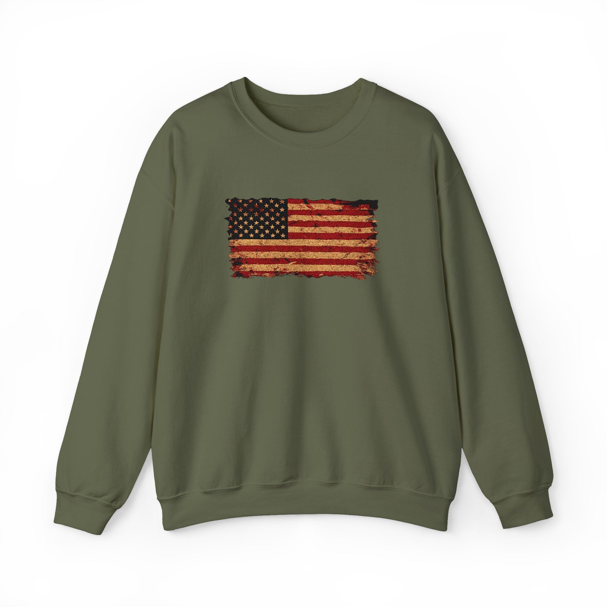 Distressed Flag Crewneck Sweatshirt — Embroidered Vintage American Flag Pullover