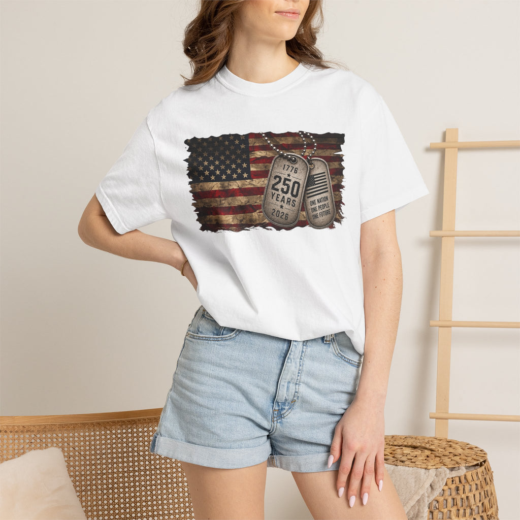 250 Years of Freedom Distressed Flag T-Shirt — One Nation, One People, One Future