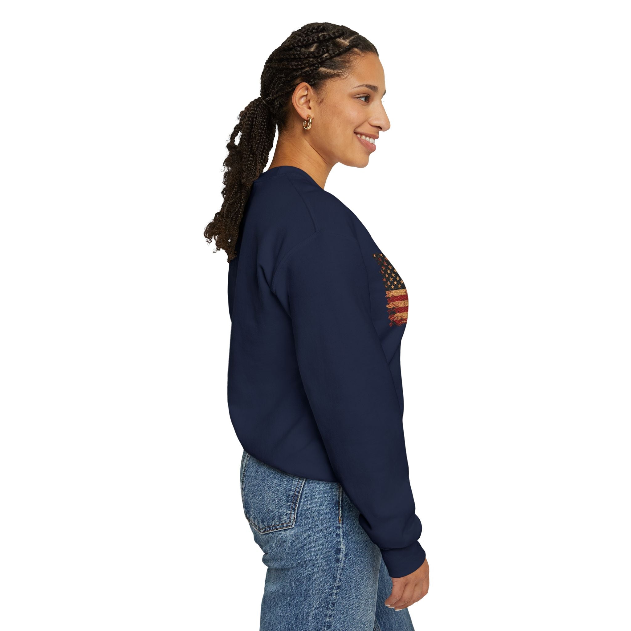 Distressed Flag Crewneck Sweatshirt — Embroidered Vintage American Flag Pullover