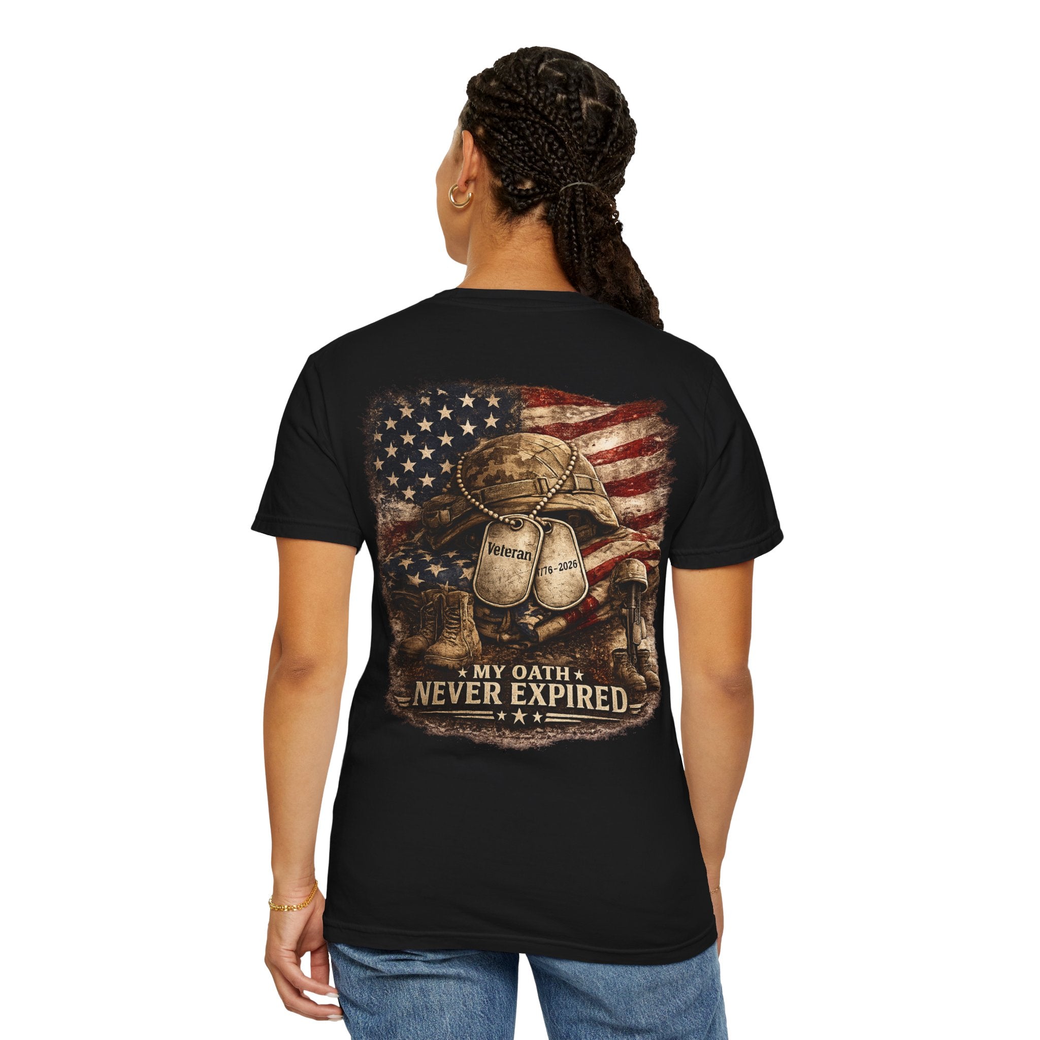 Veteran T-Shirt — Distressed Flag Left Chest & "My Oath Never Expired" Back