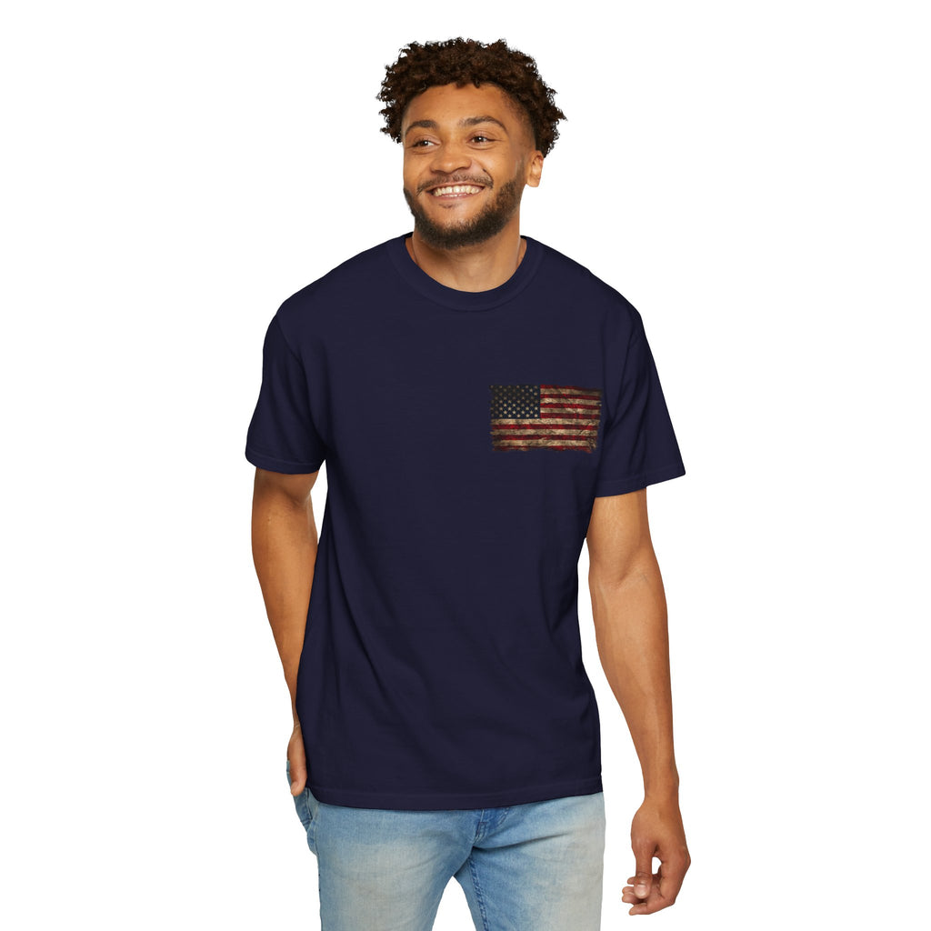 Veteran T-Shirt — Distressed Flag Left Chest & "My Oath Never Expired" Back
