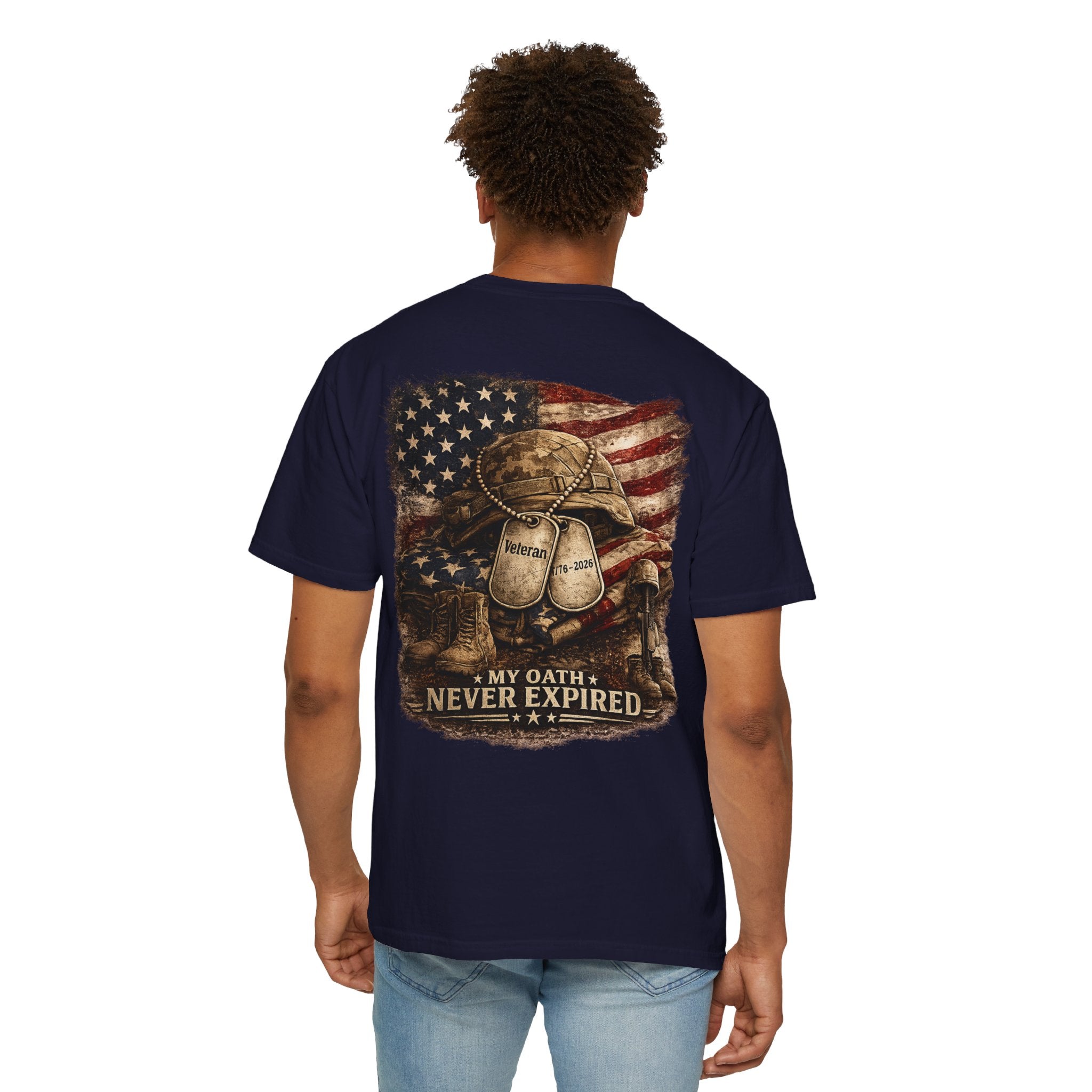 Veteran T-Shirt — Distressed Flag Left Chest & "My Oath Never Expired" Back