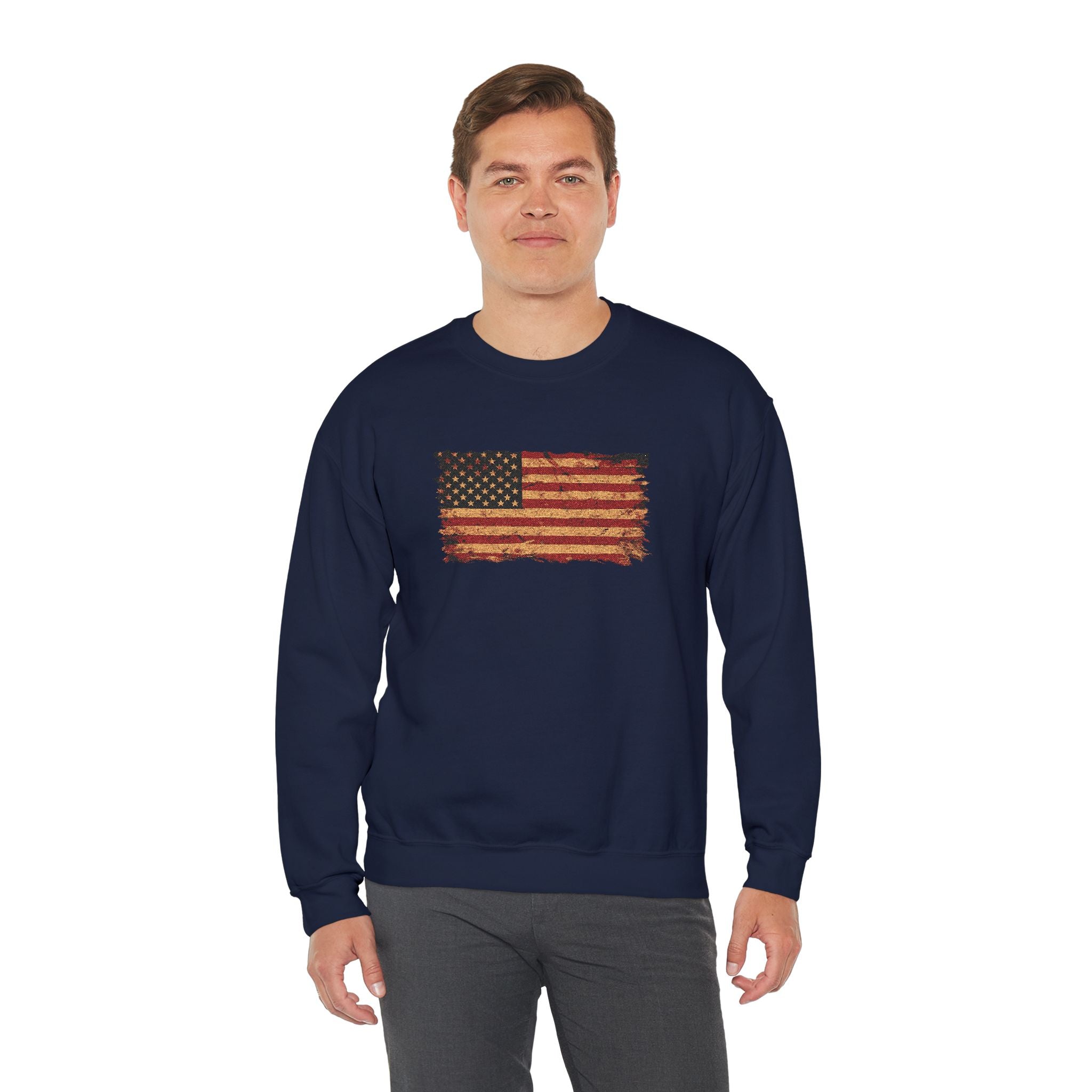Distressed Flag Crewneck Sweatshirt — Embroidered Vintage American Flag Pullover