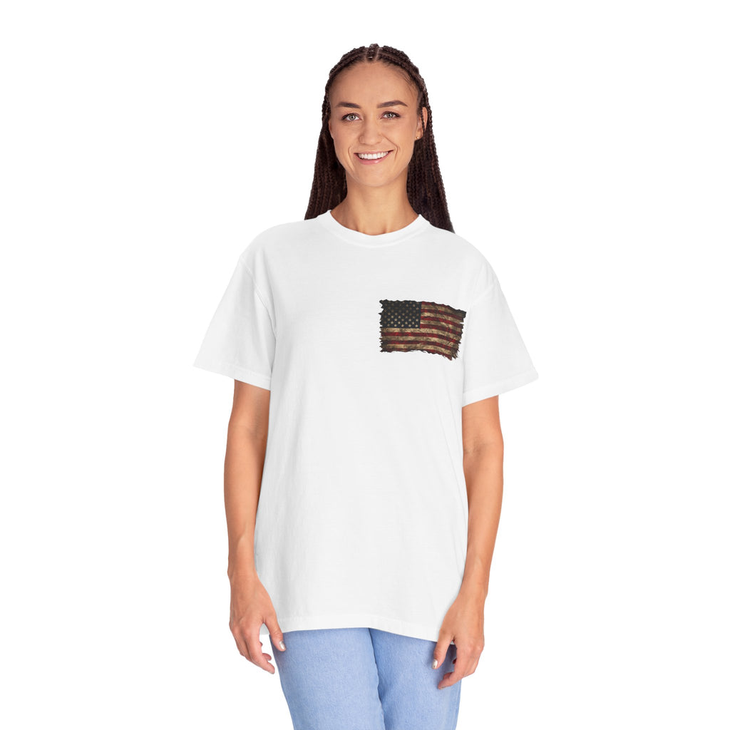 Veteran T-Shirt — Distressed Flag Left Chest & "My Oath Never Expired" Back