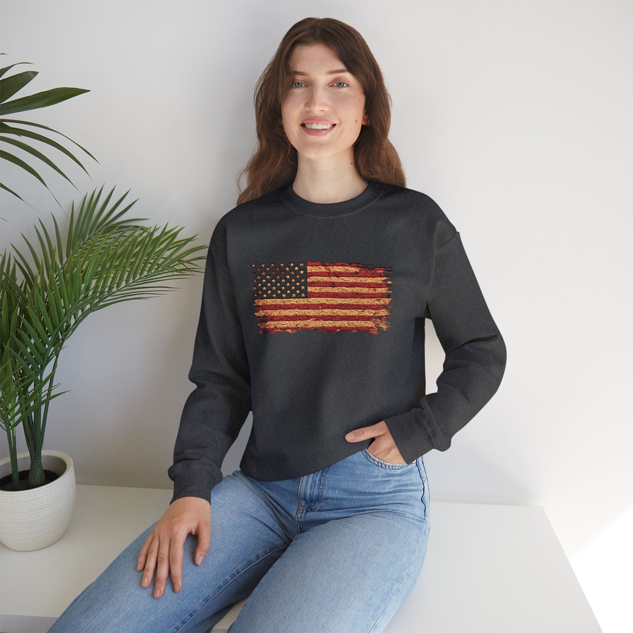 Distressed Flag Crewneck Sweatshirt — Embroidered Vintage American Flag Pullover