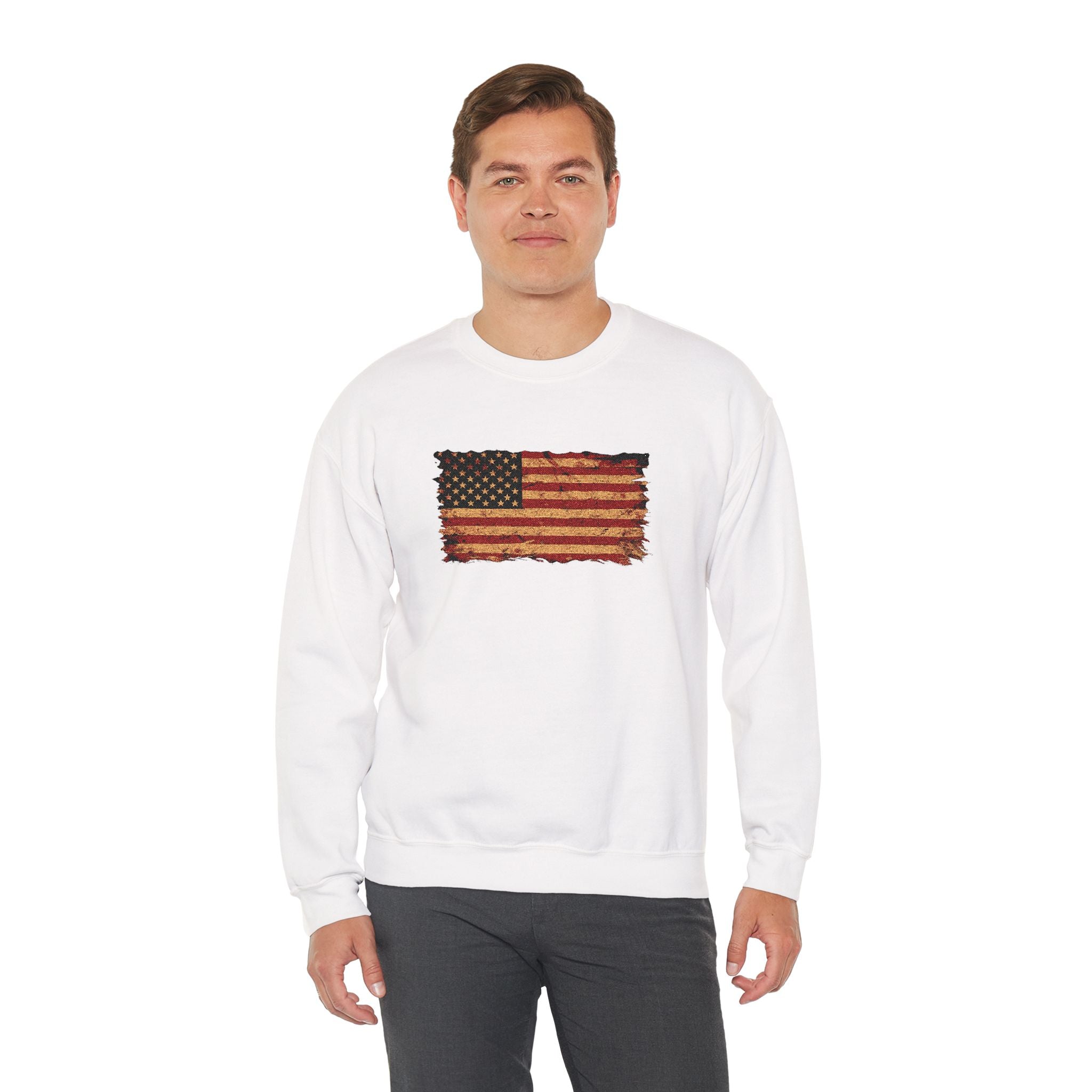 Distressed Flag Crewneck Sweatshirt — Embroidered Vintage American Flag Pullover