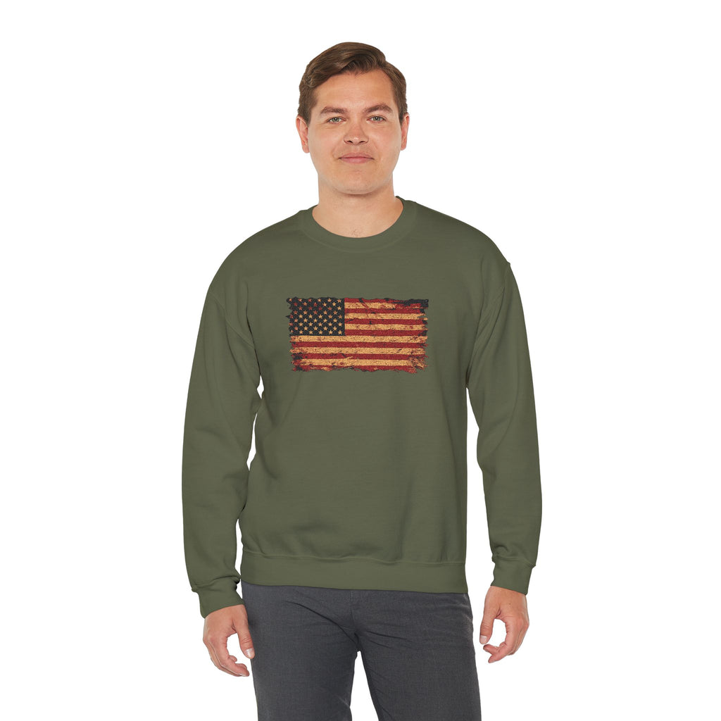 Distressed Flag Crewneck Sweatshirt — Embroidered Vintage American Flag Pullover