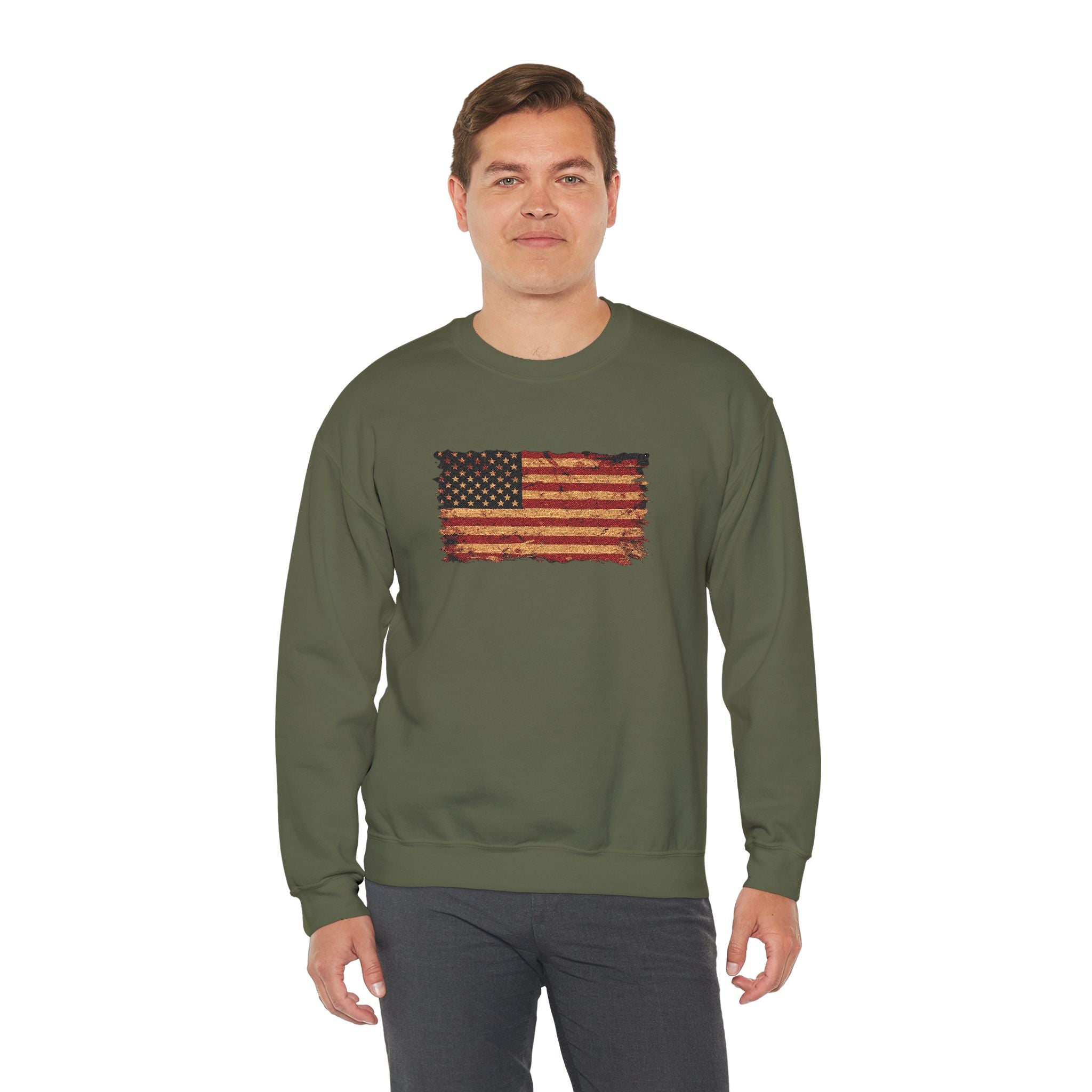Distressed Flag Crewneck Sweatshirt — Embroidered Vintage American Flag Pullover