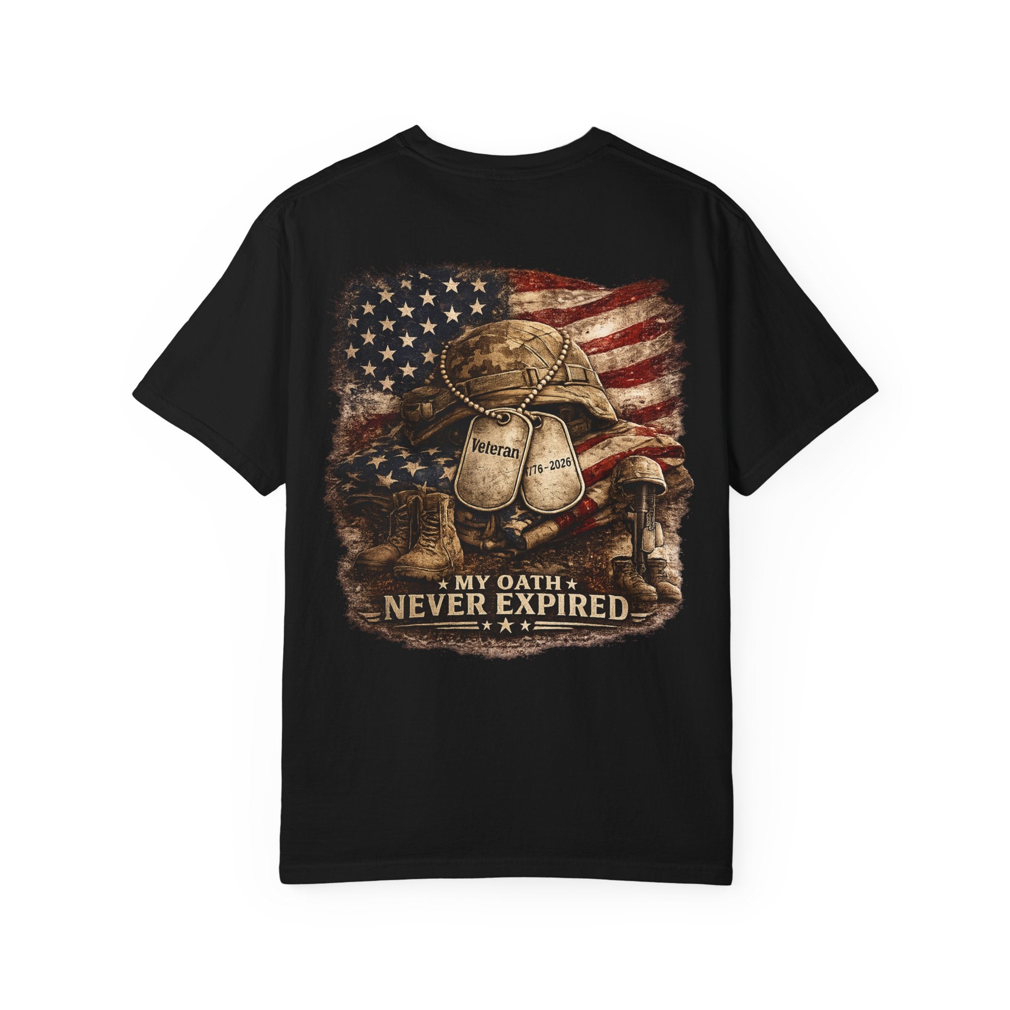 Veteran T-Shirt — Distressed Flag Left Chest & "My Oath Never Expired" Back