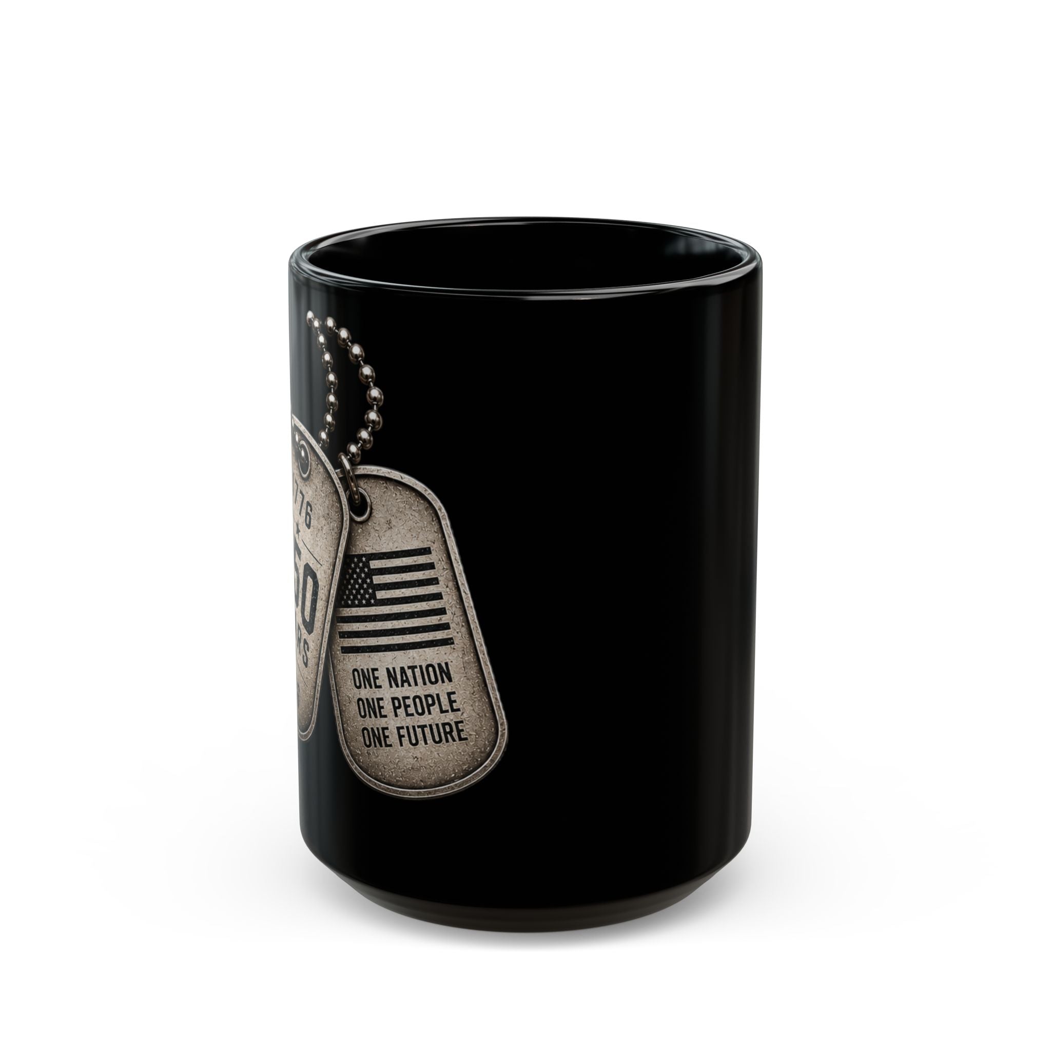 Patriotic Dog Tag Mug — "250 Years of Freedom 1776–2026" Black Coffee Mug