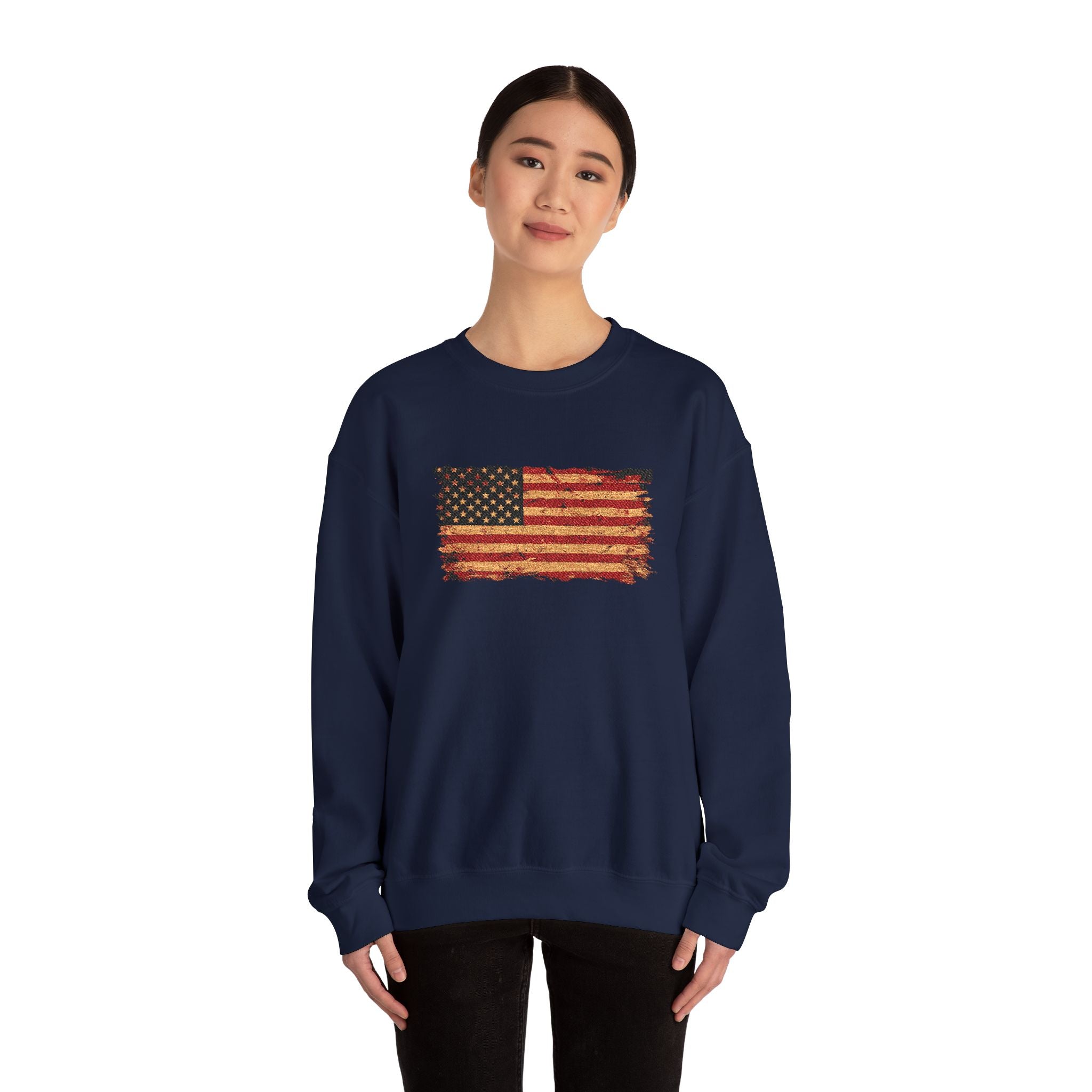 Distressed Flag Crewneck Sweatshirt — Embroidered Vintage American Flag Pullover