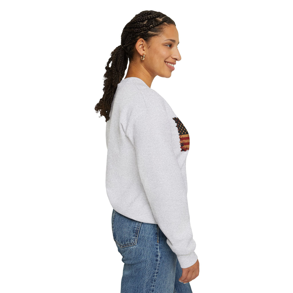Distressed Flag Crewneck Sweatshirt — Embroidered Vintage American Flag Pullover