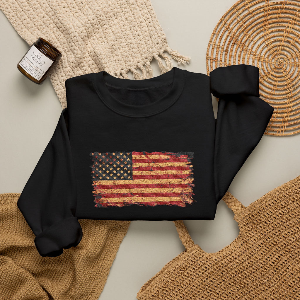 Distressed Flag Crewneck Sweatshirt — Embroidered Vintage American Flag Pullover