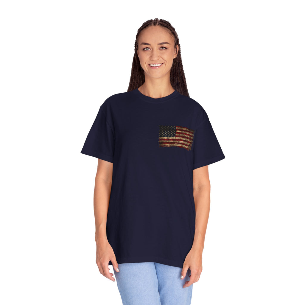 Veteran T-Shirt — Distressed Flag Left Chest & "My Oath Never Expired" Back