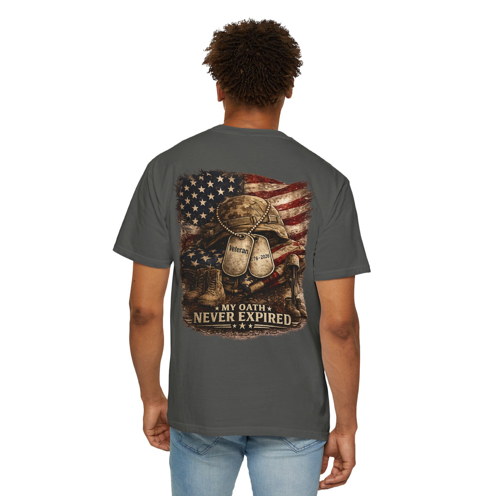 Veteran T-Shirt — Distressed Flag Left Chest & "My Oath Never Expired" Back
