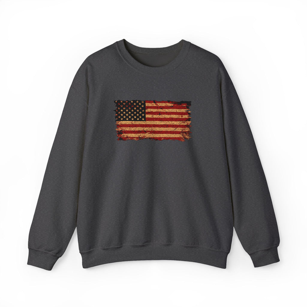Distressed Flag Crewneck Sweatshirt — Embroidered Vintage American Flag Pullover