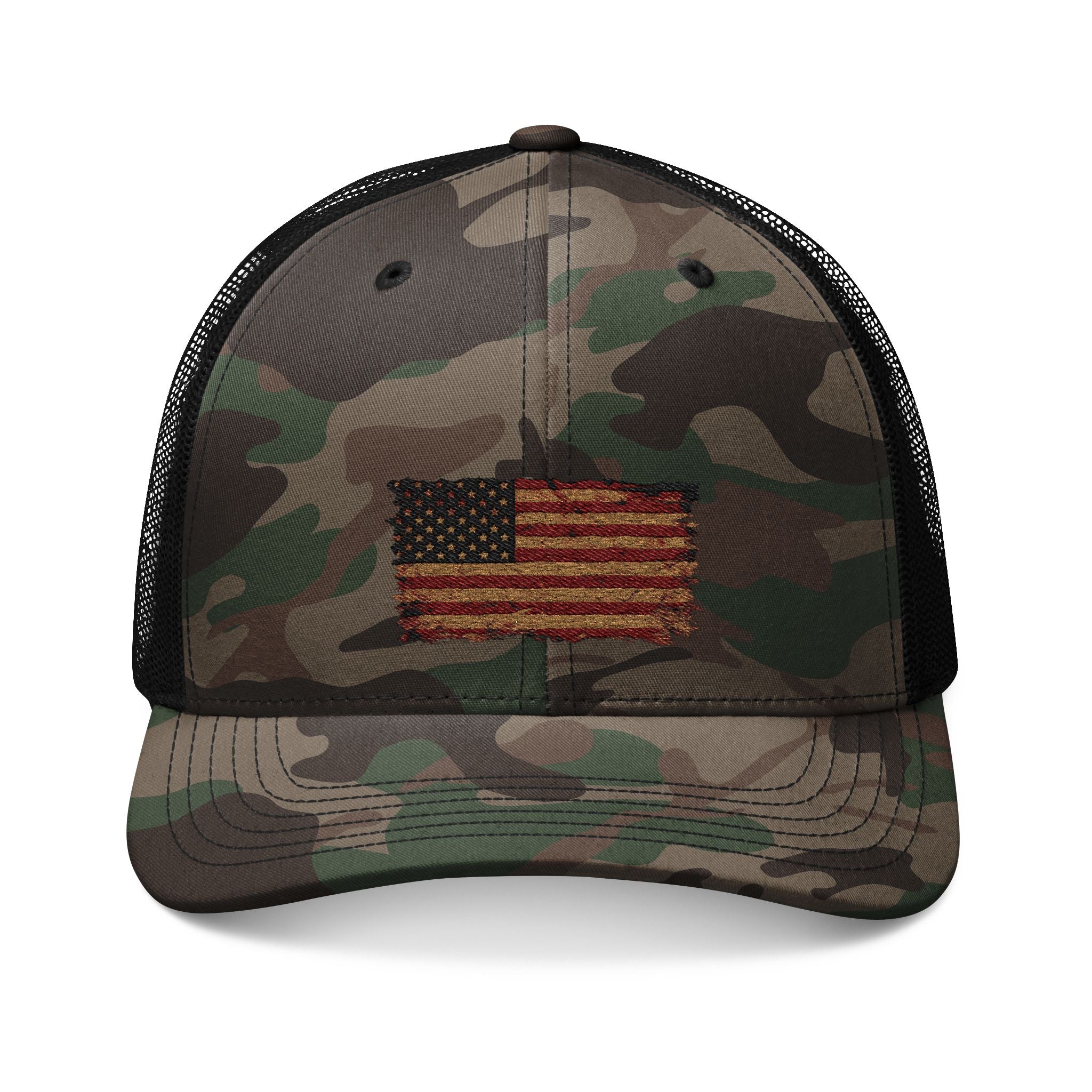 Camouflage Trucker Hat — Embroidered Distressed American Flag