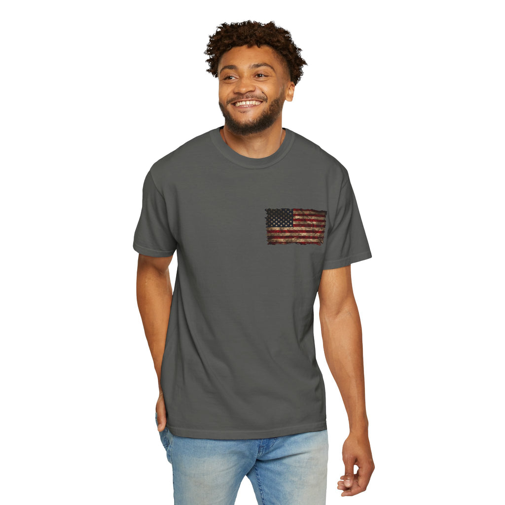 Veteran T-Shirt — Distressed Flag Left Chest & "My Oath Never Expired" Back