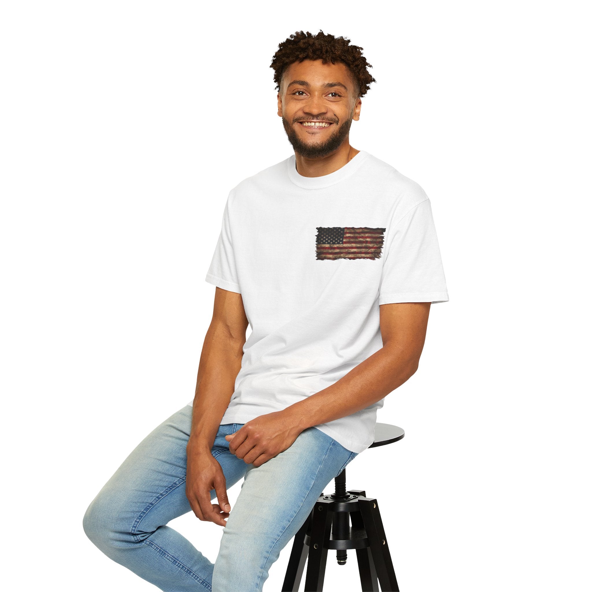 Veteran T-Shirt — Distressed Flag Left Chest & "My Oath Never Expired" Back
