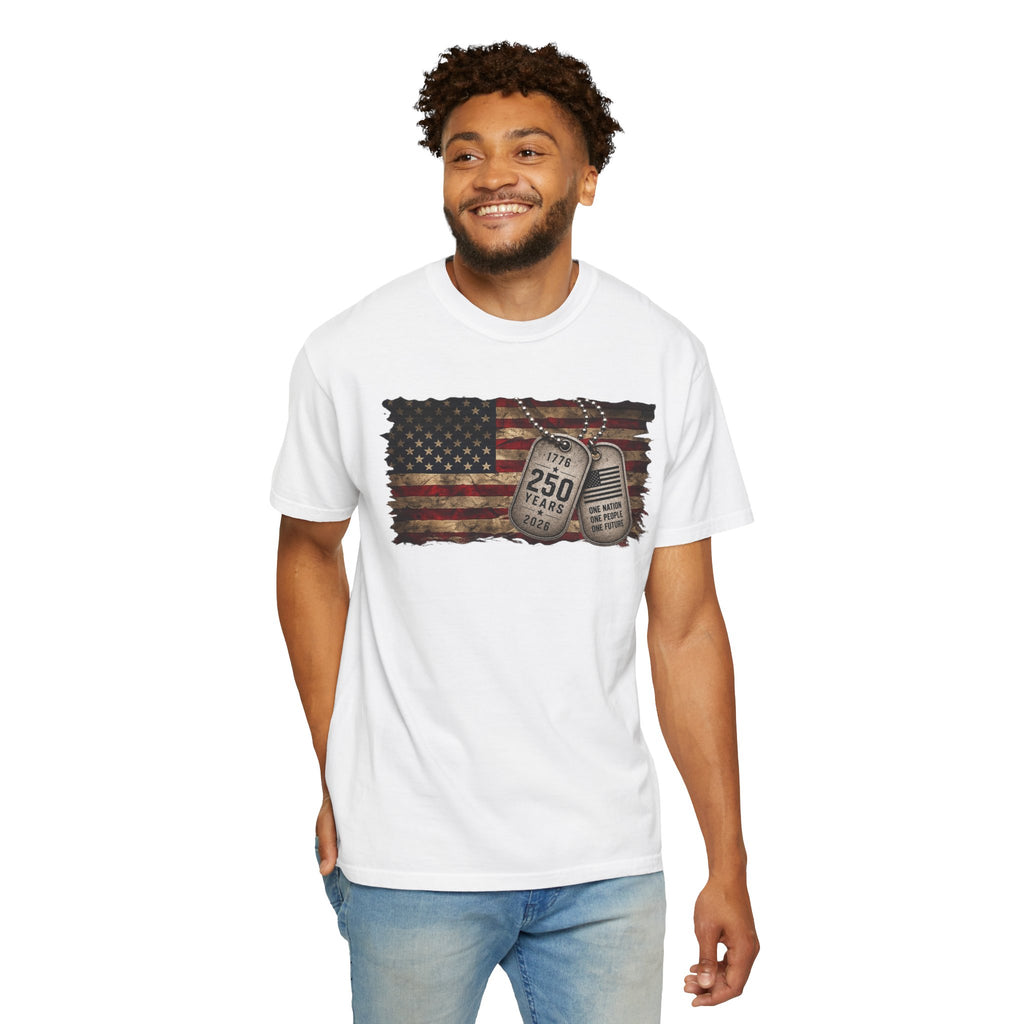 250 Years of Freedom Distressed Flag T-Shirt — One Nation, One People, One Future
