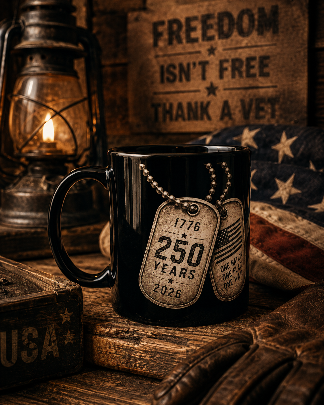 Patriotic Dog Tag Mug — "250 Years of Freedom 1776–2026" Black Coffee Mug