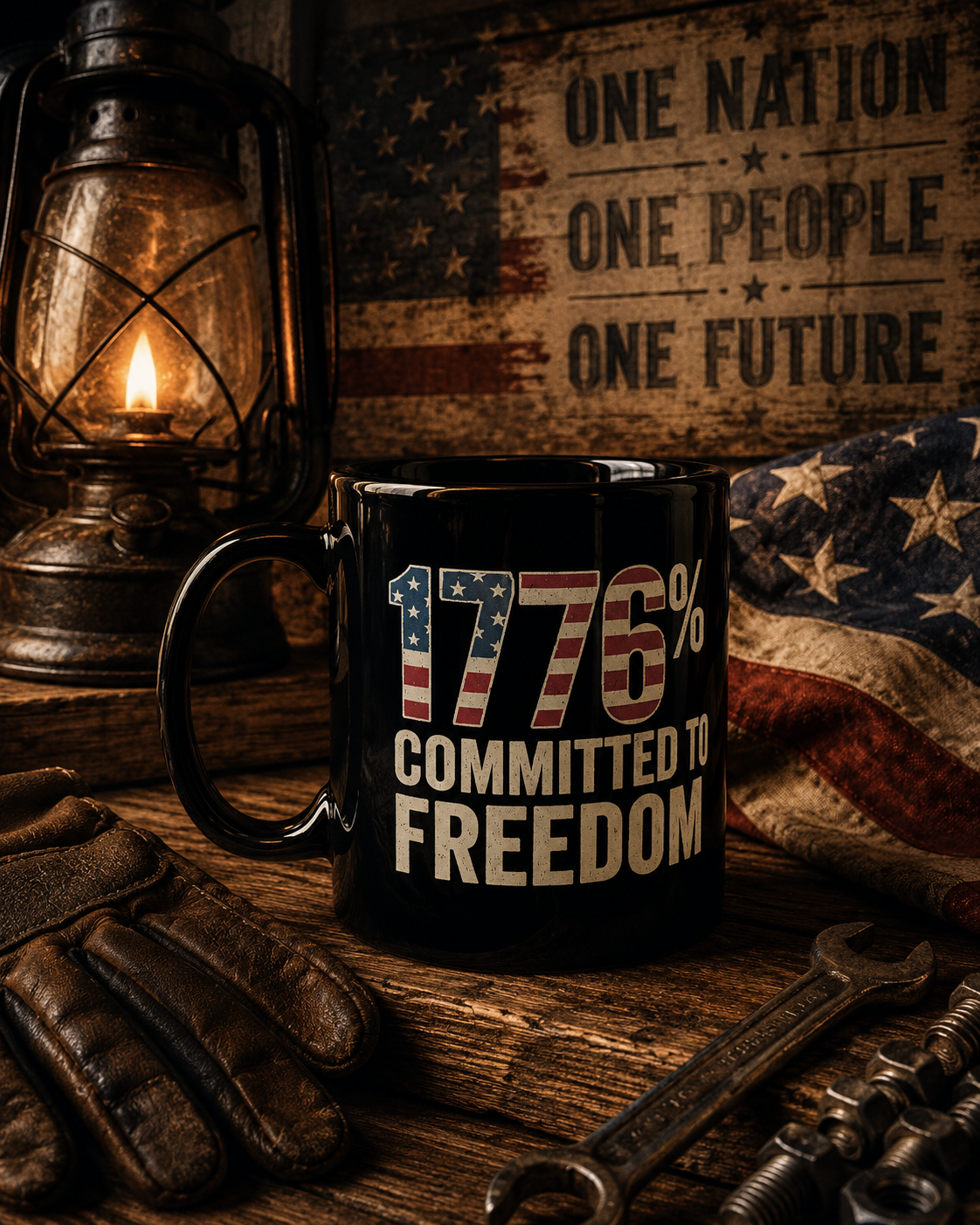 1776% Committed to Freedom Mug — Patriotic American Flag Coffee Cup (11oz/15oz)
