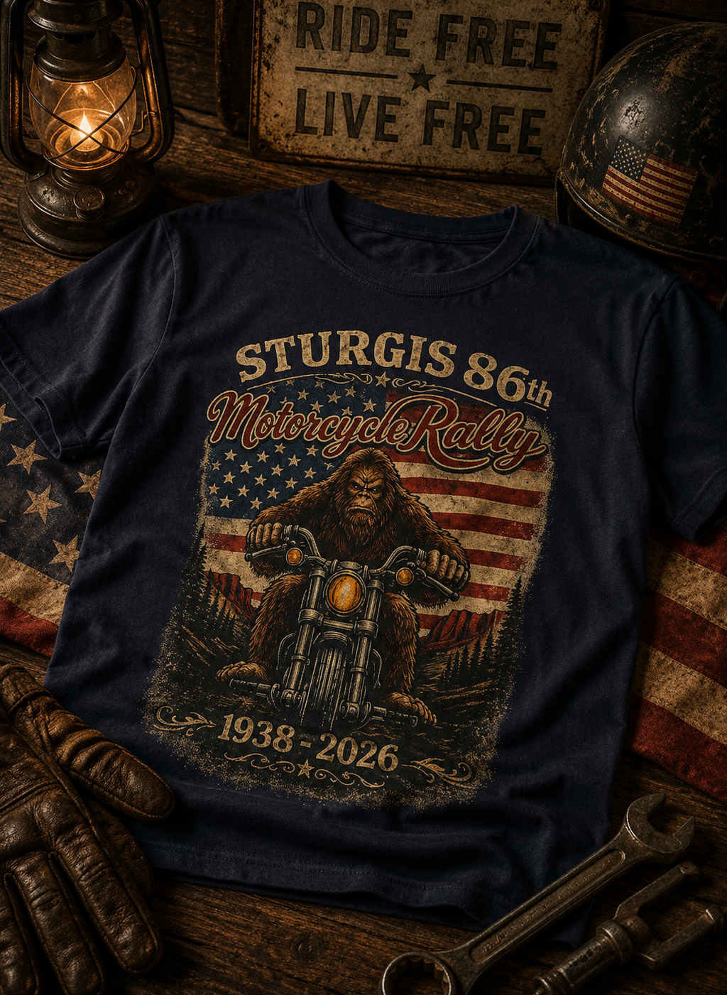 Sturgis 86th Motorcycle Rally T-Shirt — 1938-2026 American Flag Biker Tee