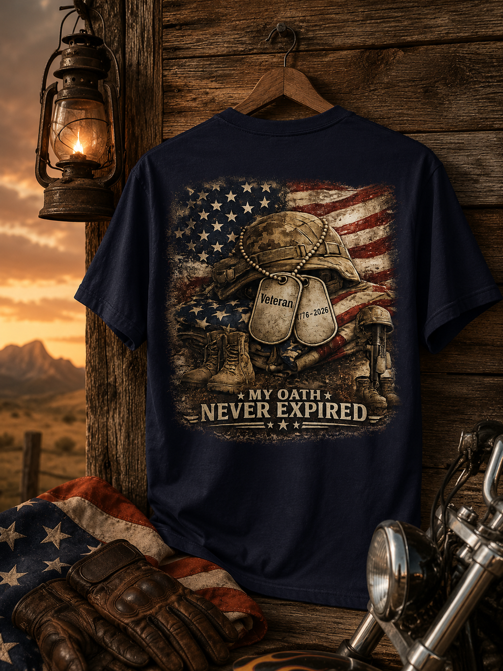 Veteran T-Shirt — Distressed Flag Left Chest & "My Oath Never Expired" Back